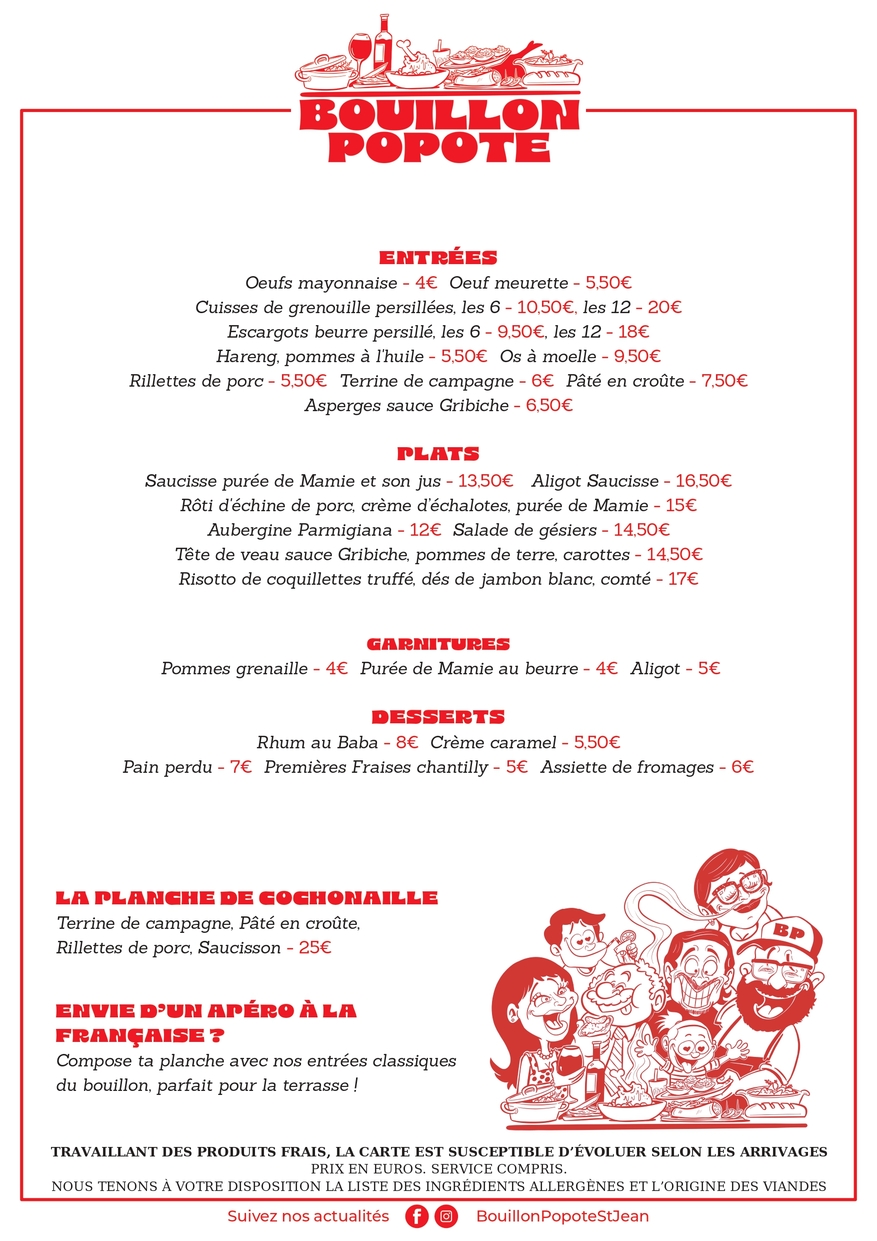 Carte du restaurant Bouillon Popote